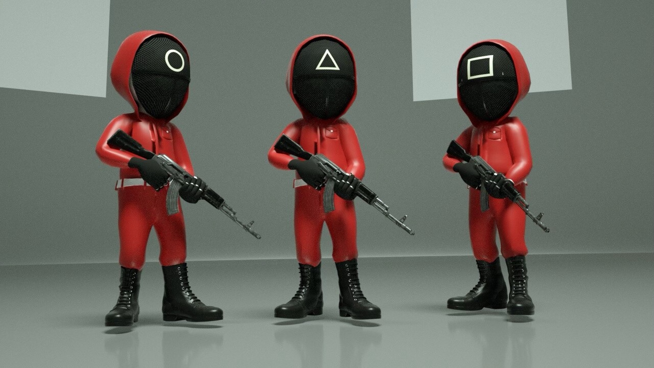Three fully modelled and textured Squid Game-inspired guard characters by Emmanuel Rowland