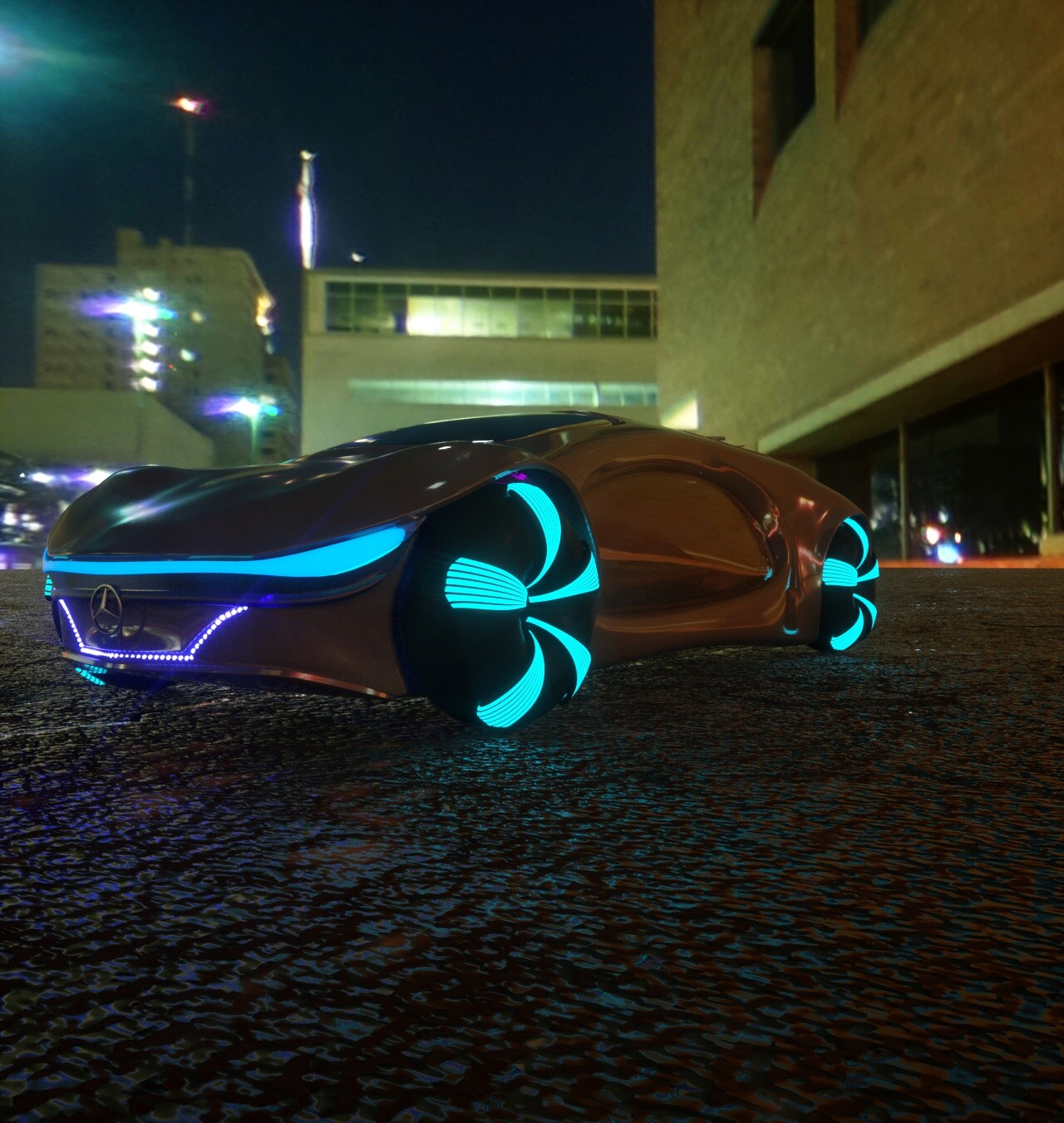 Mercedes Vision AVTR personal 3D study rendered at night with cyan illuminated wheels