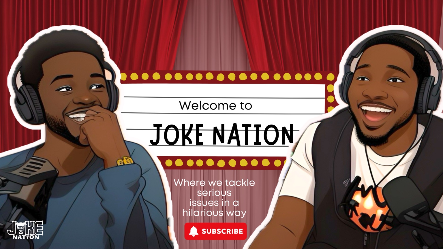 Illustrated Joke Nation podcast hosts at their microphones