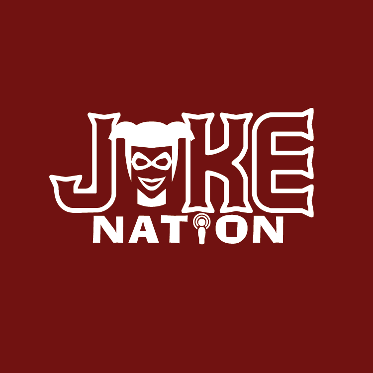 White Joke Nation logo on deep red