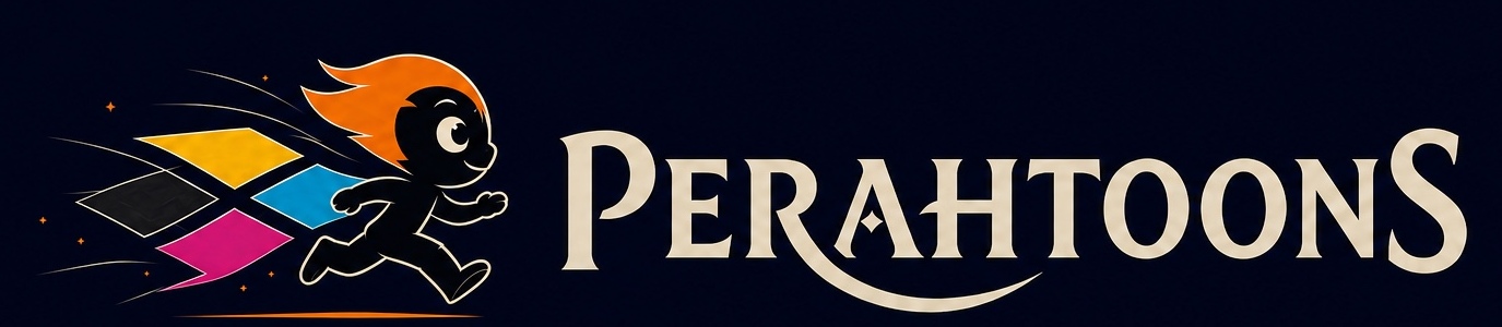 PerahToons logo: the Perah Spark mascot running ahead of four coloured story frames beside the ivory PerahToons wordmark