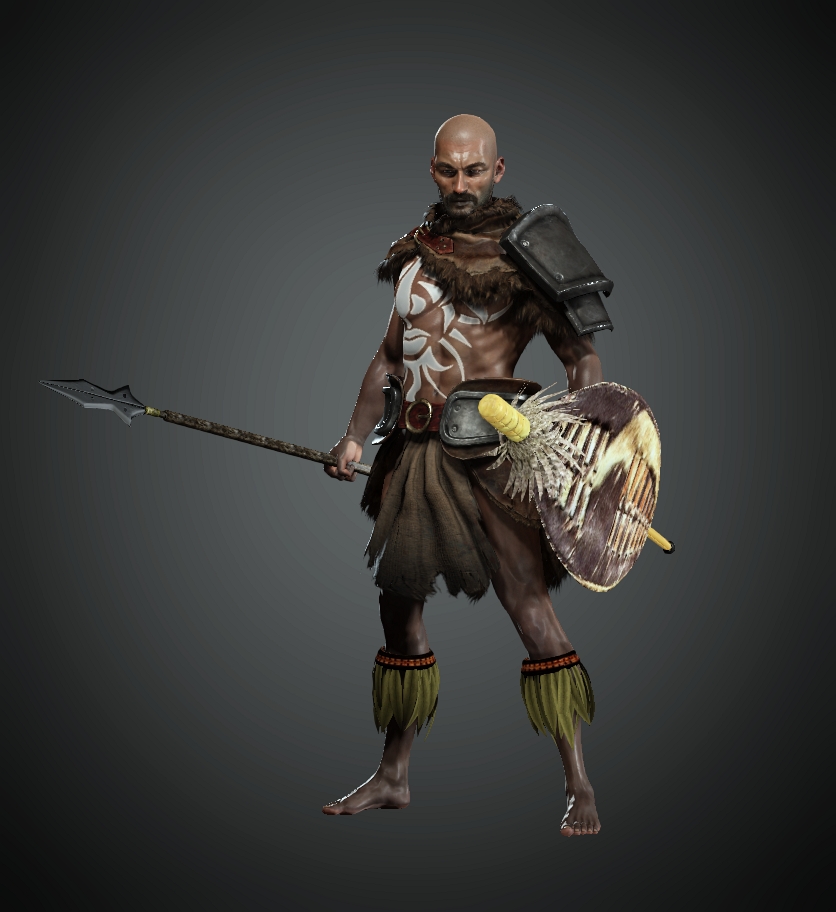 Full-body tribal warrior character holding a spear and shield